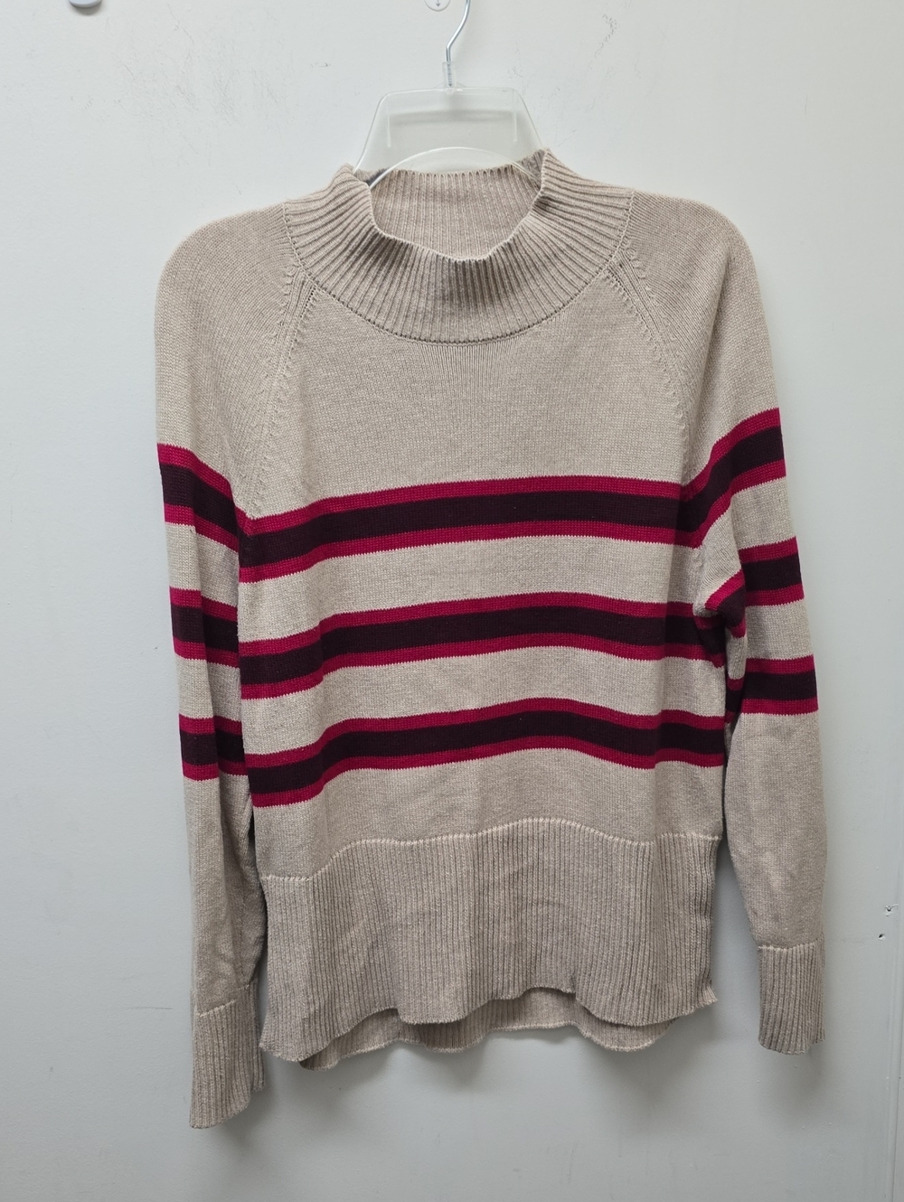 LOFT Striped Mock Neck Sweater - Beige with Pink Stripes - L